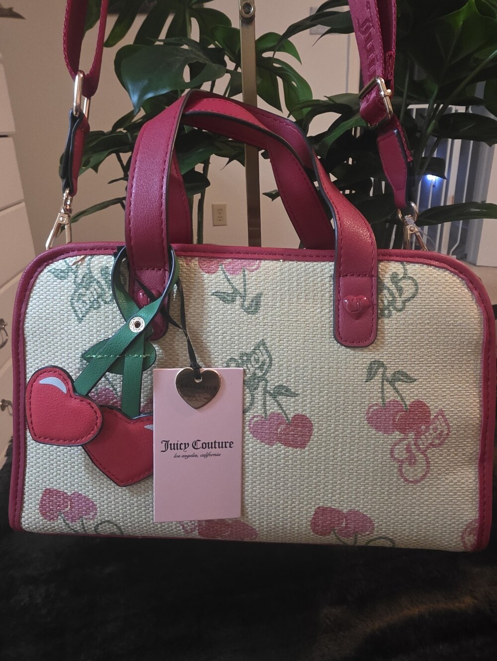 Juicy Couture Pink Cherry Print Satchel with Heart Charm - Picture 10 of 11
